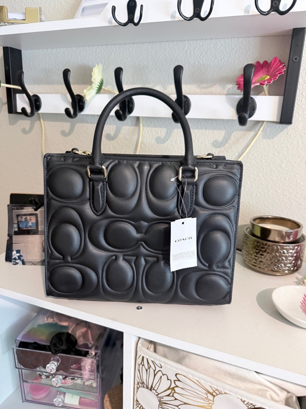 Coach Black Quilted Signature Embossed Leather Satchel